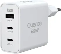 Carregador de Parede Quanta QTCRP65 com USB-A QC3,0 USB-C de 65W - Branco