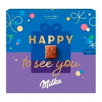 Caixa de Chocolate Milka Recheio Creme de Leite Happy To See You 110G