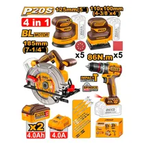 Combo 4 Em 1 Kit Ingco COSLI251083 Lixadeira Orbital + Lixadeira Orbital + Serra Circular + Furadeira de Impacto – com 2 Baterias / 4AH Combo 4 Em 1 Kit Ingco COSLI251083 2 Lixadeira Orbital + Serra Circular + Furadeira de Impacto – com 2 Baterias / 