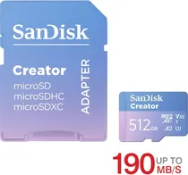Memoria Micro SD 512GB Sandisk Creator 190-130MB/s Uhs-I U3 V30 4K (SDSQXAV-512G-GN6MS)