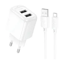 Carregador Hoco Dual Port USB-A CS51A 12W - White + Cabo Microusb