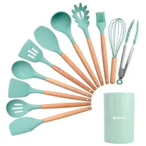 Kit de Utensílios para Cozinha de Silicone Mox MO-KUS111 com Cabo de Madeira / 12 Pecas - Verde