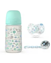Suavinex Nuery Set Biberon 270 + Broche + Chupete Fisiologico 0/6 Memo Polipropileno/Silicona 270ML Azul