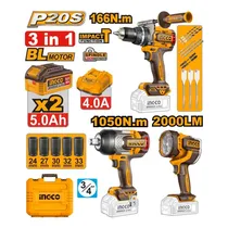 Combo 3 Em 1 Kit Ingco Parafusadeira + Chave de Impacto + Lanterna COSLI250882 – com 2 Baterias