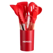 Kit de Utensílios para Cozinha Hengda YQ10412 de Silicone com Cabo de Madeira / com 12 Peças - Vermelho