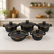 Conjunto de Panelas de Indução Antiaderentes Ucc Life de 10 Peças, Preto/Dourado