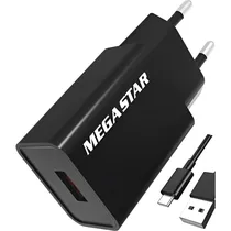 Carregador de Parede Mega Star CH420N USB-A 20 W + Cabo USB-C - Preto