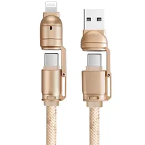 Cabo G-Tide Bullet Power WC155-5 / 4 Em 1 / USB-C + Lightning + USB / 1.5 Metros / Nylon - Dourado