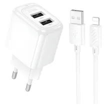 Carregador Hoco Dual Port USB-A CS51A 12W - White + Cabo Microusb