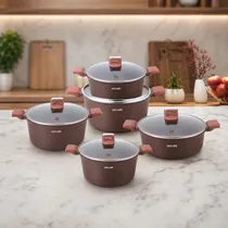 Conjunto de Panelas de Indução Antiaderentes Ucc Life de 10 Peças, Marrom