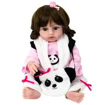 Boneca Baby Reborn V-004 - 48CM - Silicone - Roupa Vestido Panda Rosa