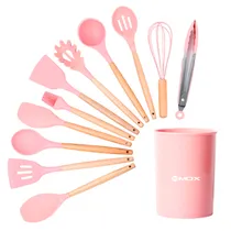 Kit de Utensílios para Cozinha de Silicone Mox MO-KUS111 com Cabo de Madeira / 12 Pecas - Rosa