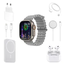 Kit Relogio Smartwatch X12 /49MM / com Fone de Ouvido + Carregador de Parede USB-C com Cabo USB-C para Lightning + Carregador Portatil + Carregador Magsafe - Cinza