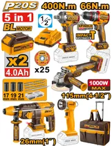 Combo 5 Em 1 Kit Ingco Parafusadeira + Chave de Impacto + Lixadeira + Furadeira + Bolsa CKLI2059 - 2 Baterias