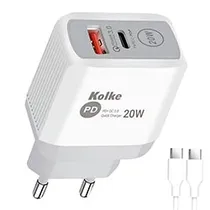 Carregador Tomada Kolke KCR-2706 USB 3.0 / USB-C / 20W - Branco / Cinza + Cabo USB-C 1M