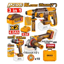 Combo 3 Em 1 Kit Ingco CKLI202598 Lixadeira + Parafusadeira + Martelete – com 2 Baterias / 4AH